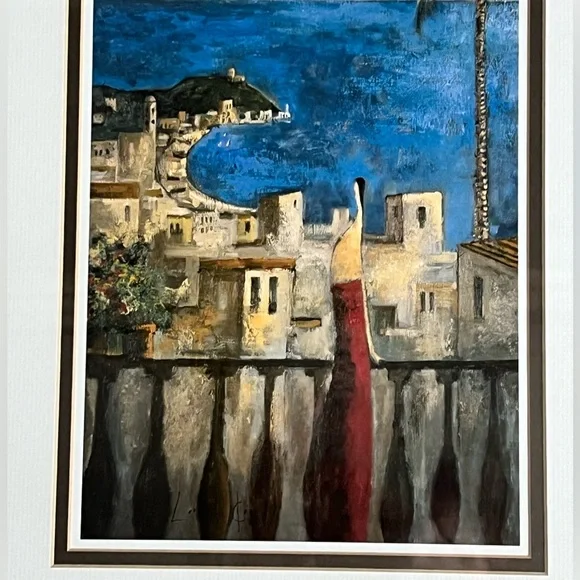 Pewter framed Art palm tree 🌴small village on the ocean size 14 x 17.5 - Picture 3 of 4